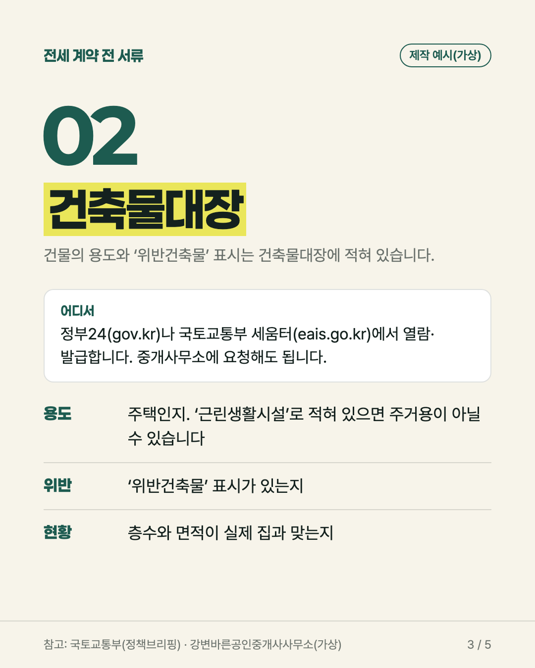 카드뉴스 3장. 건축물대장을 정부24나 세움터에서 떼고 용도, 위반건축물 표시, 층수와 면적을 확인
