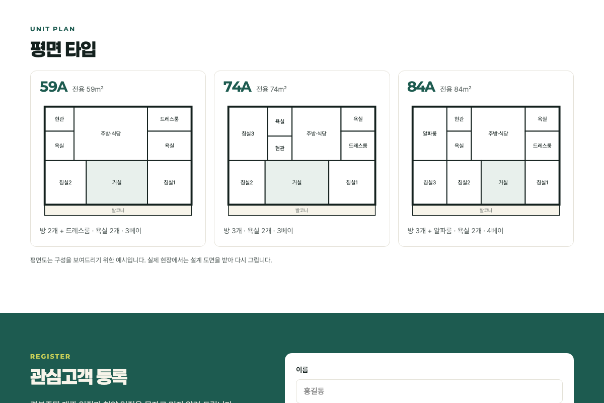 평면 타입 59A, 74A, 84A를 도형으로 정리한 PC 화면